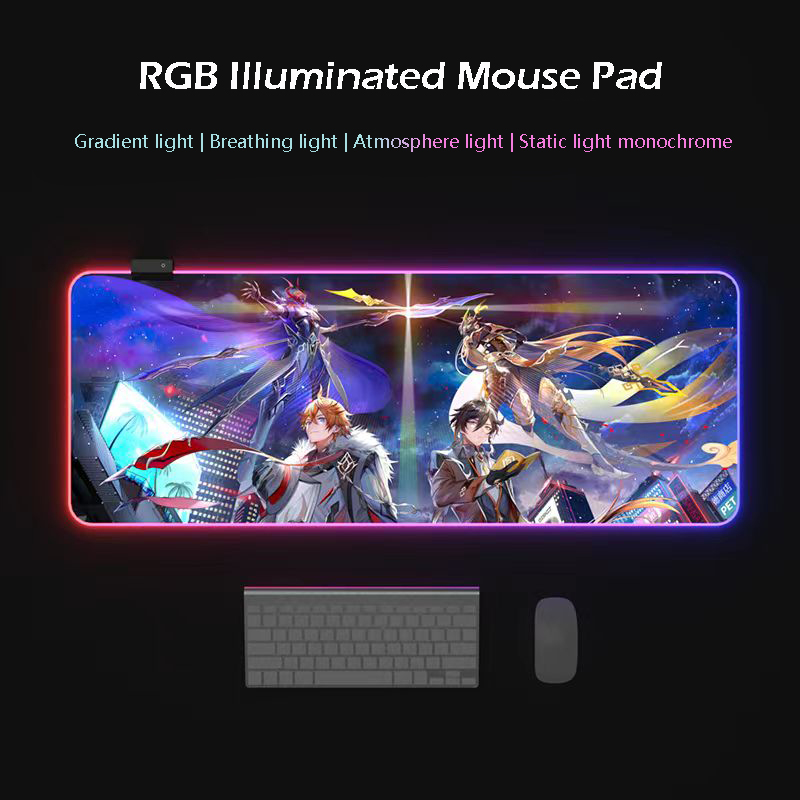Eco-friendly 80x30cm Genshin Impact Glowing RGB LED Mouse Pad 4mm Thickness for Gaming Keyboard USB Anti-slip Rubber Base Desk Mat